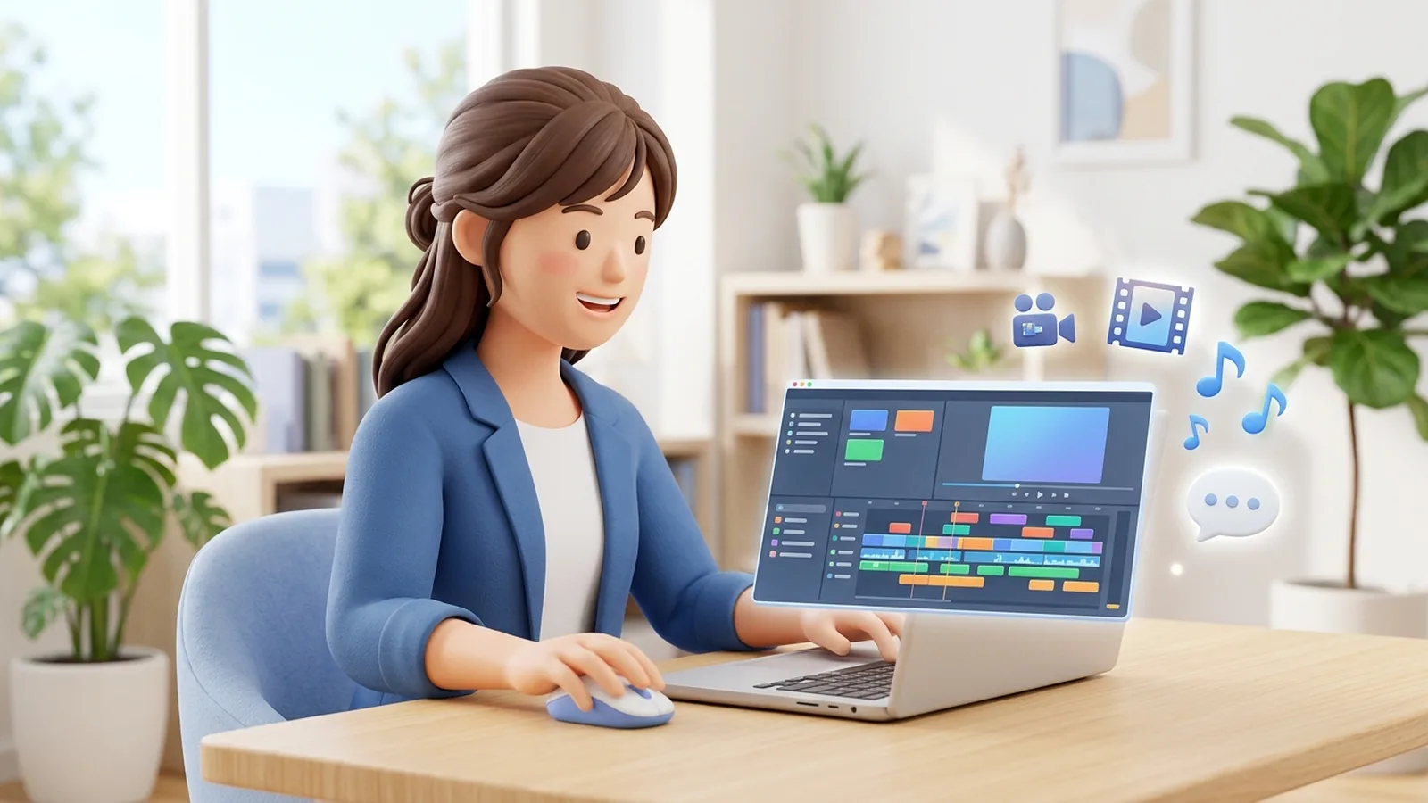 ノートPCで社内向けの説明動画を編集する会社員のイメージ