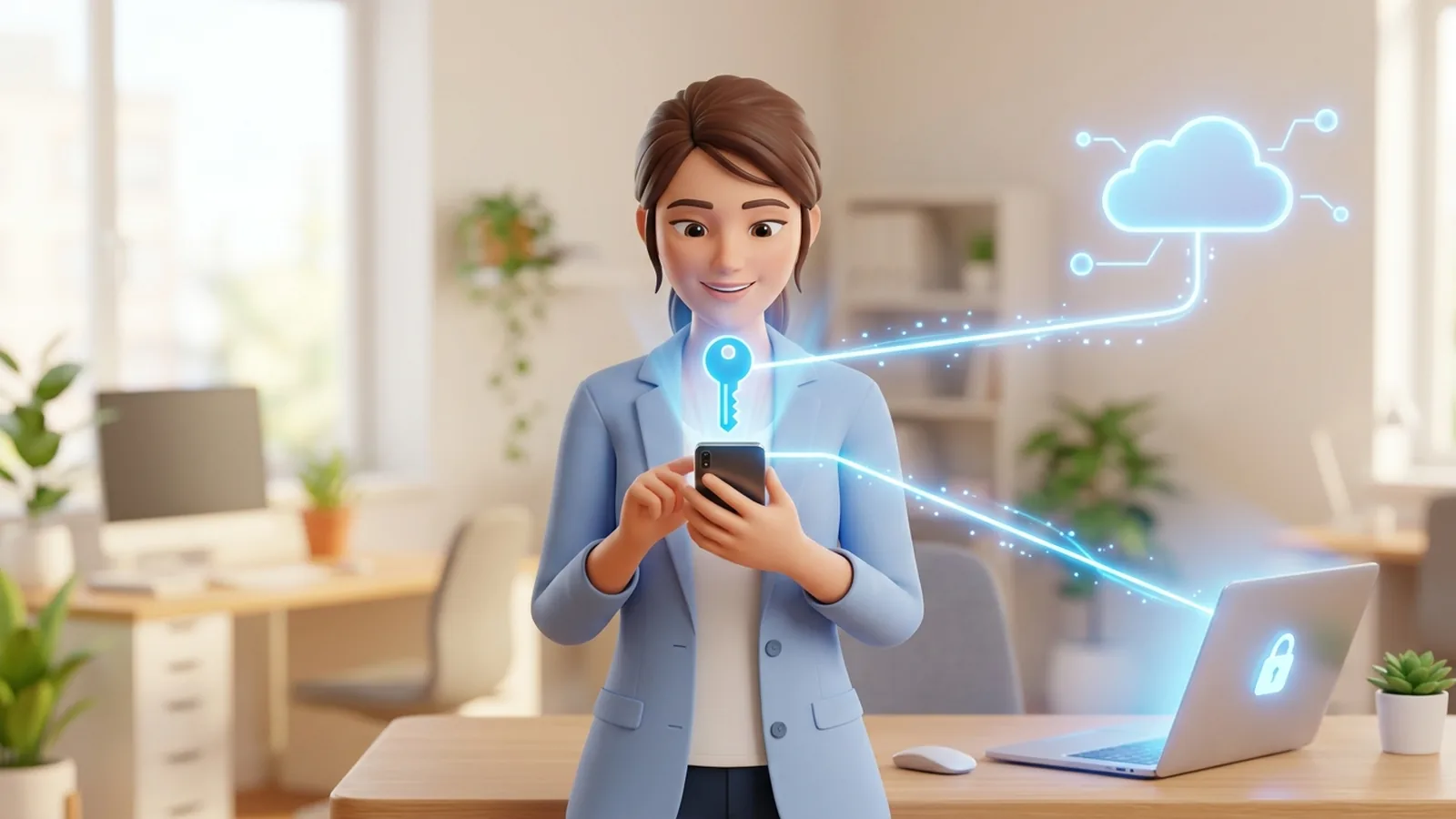 スマートフォンの顔認証だけで会社のクラウドにサインインするイメージ