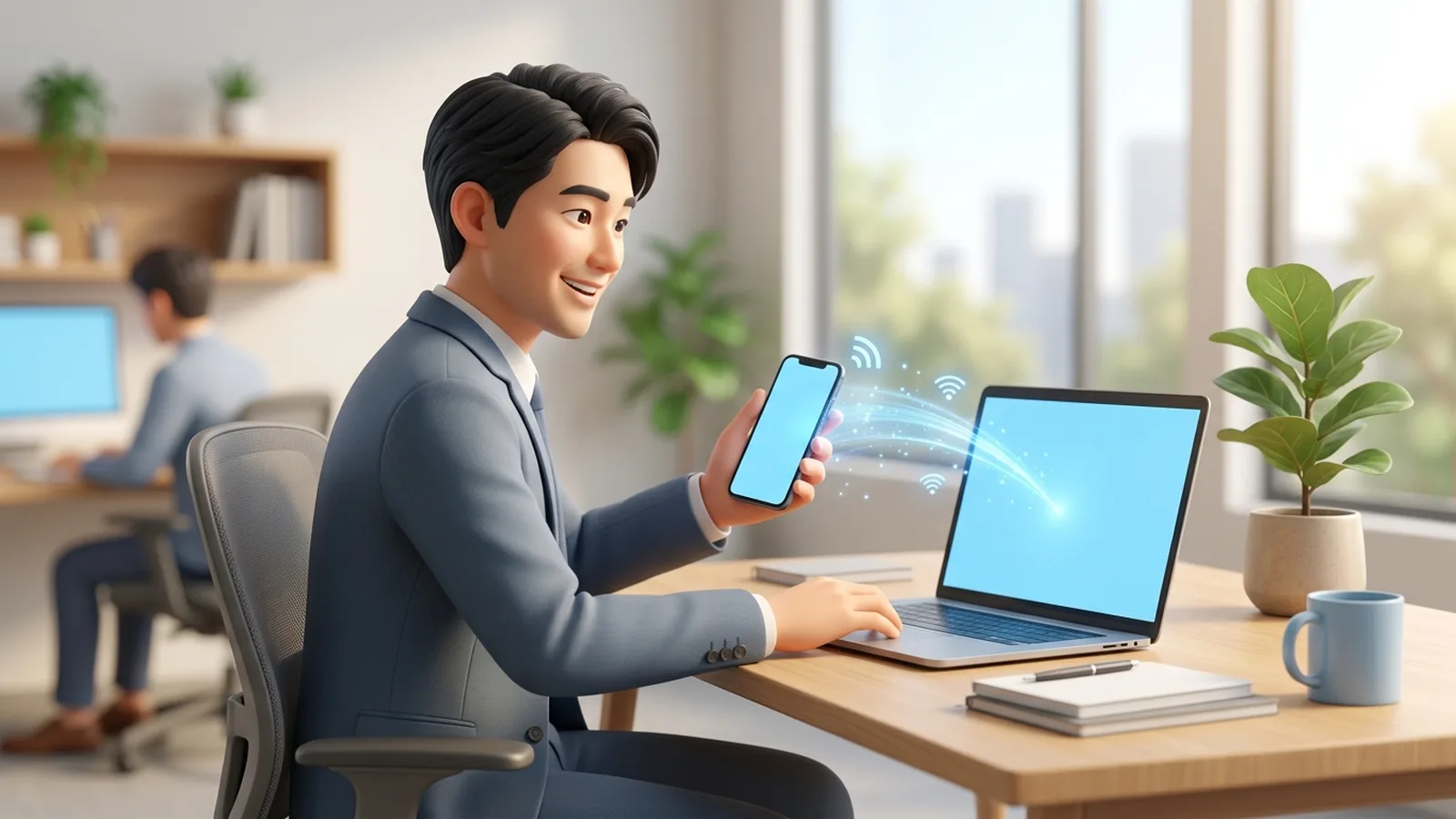 パソコンに表示されたQRコードをスマートフォンで読み取ってサインインするイメージ