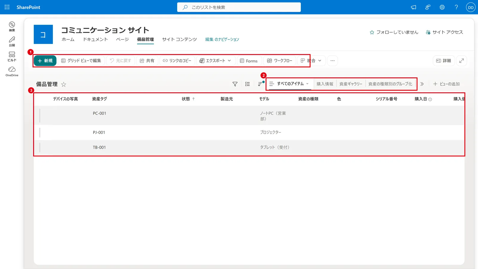 リストの画面:操作のメニュー(1)、ビューの切り替え(2)、列とアイテムの一覧(3)