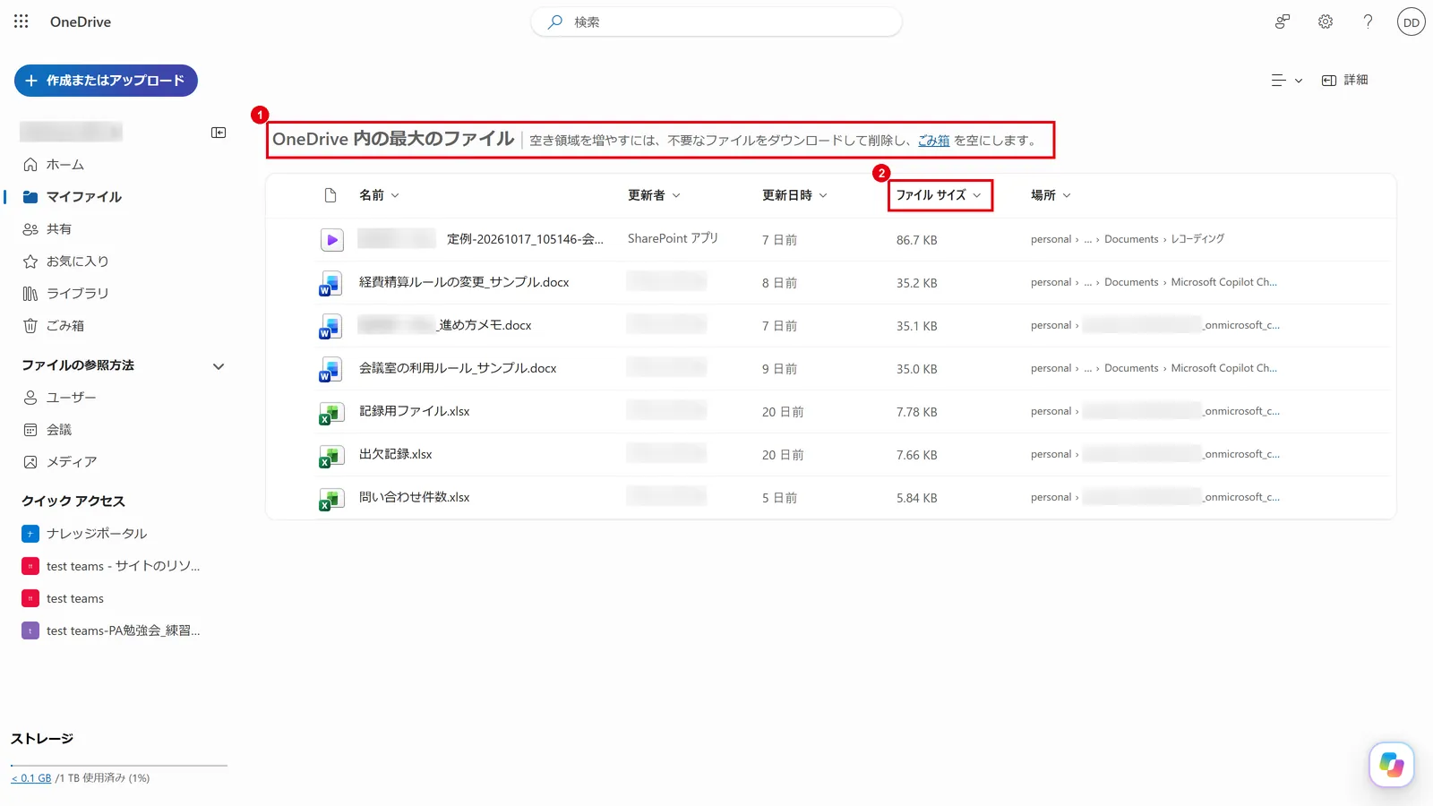 使用量の数字を選ぶと「OneDrive 内の最大のファイル」が表示され、サイズの大きいファイルから確認できる