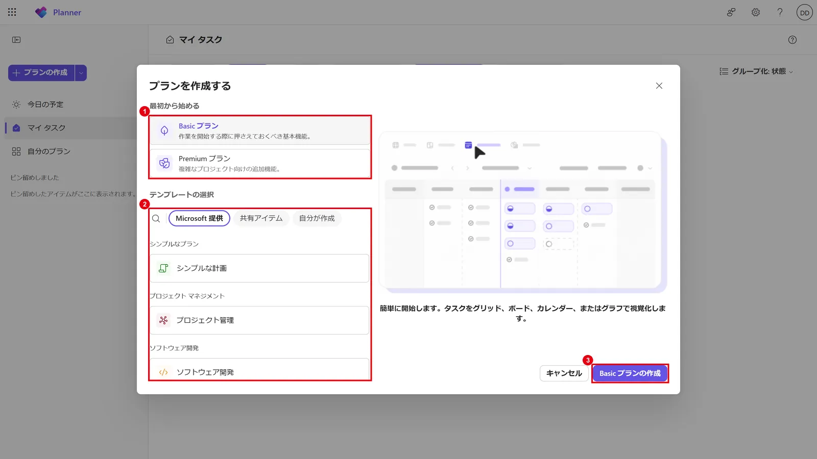 プランの種類（1）またはテンプレート（2）を選び、「Basic プランの作成」（3）をクリックする