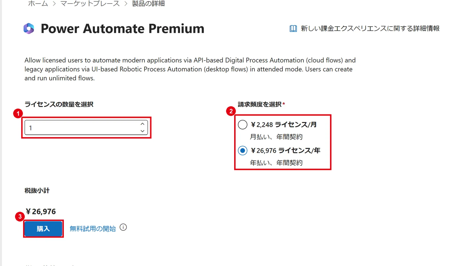 ライセンスの数量と請求頻度を選び、「購入」をクリックする